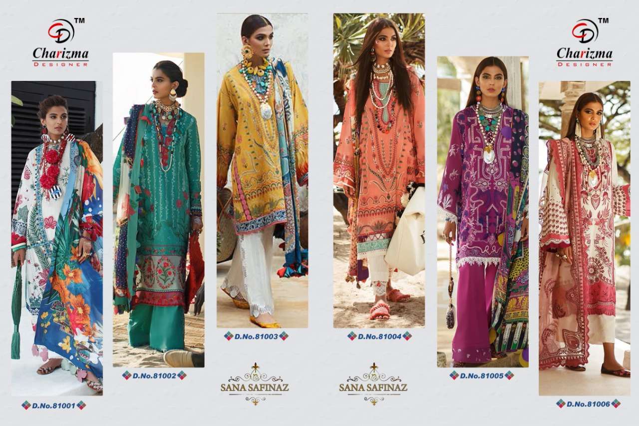 SANA SAFINAZ BY CHARIZAM DESIGNER 81001 TO 81007 SERIES BEAUTIFUL SUITS STYLISH FANCY COLORFUL PARTY WEAR & OCCASIONAL WEAR JAM COTTON WITH PATCH EMBROIDERY DRESSES AT WHOLESALE PRICE